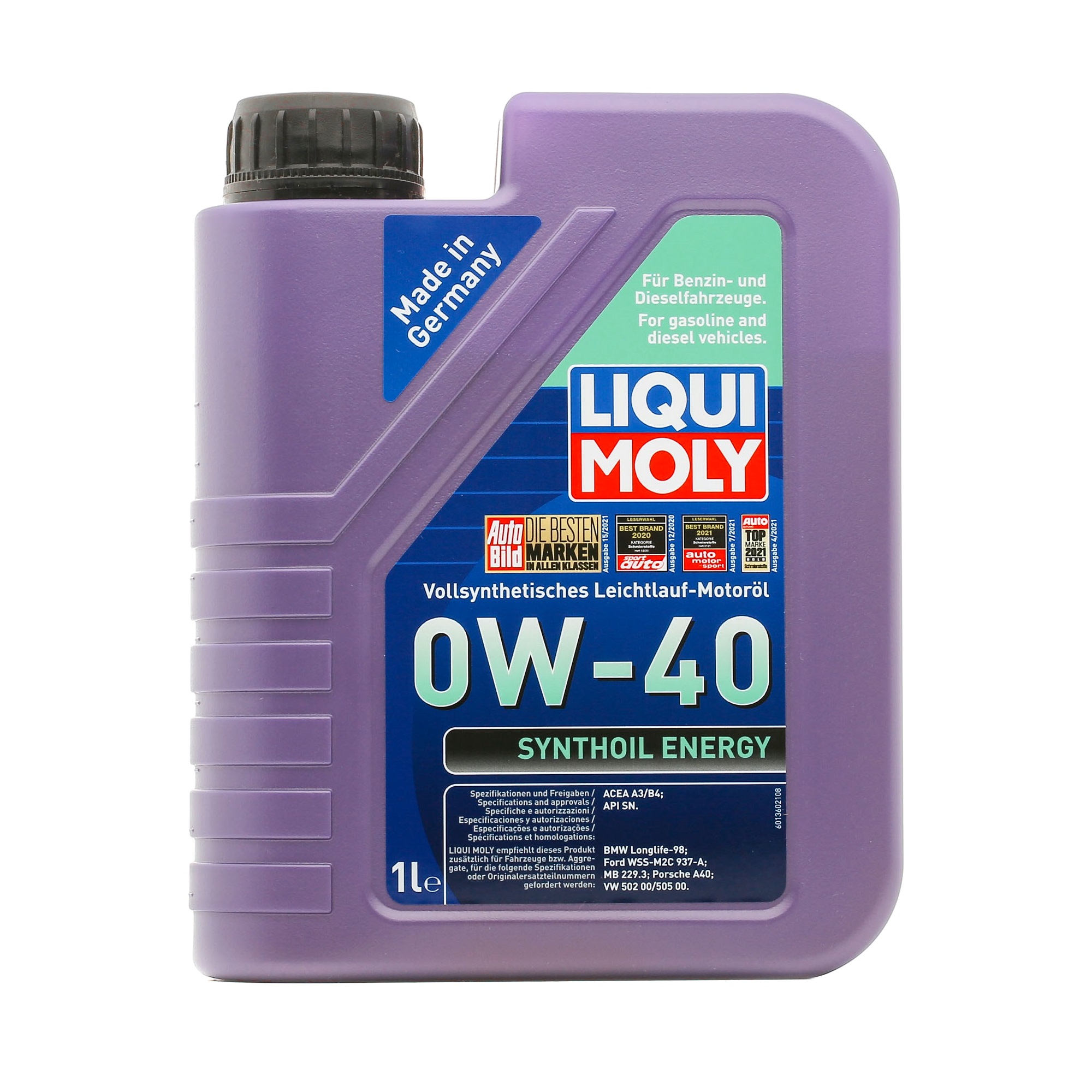 Side view of LIQUI MOLY 9514 Engine oil 0W-40, Capacity: 1l