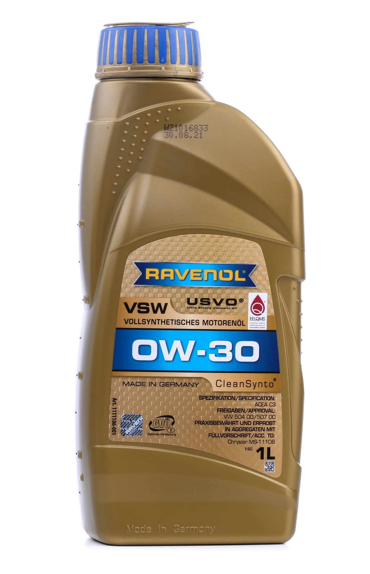 Side view of RAVENOL 1111106-001-01-999 Engine oil 0W-30, Capacity: 1l, Synthetic Oil