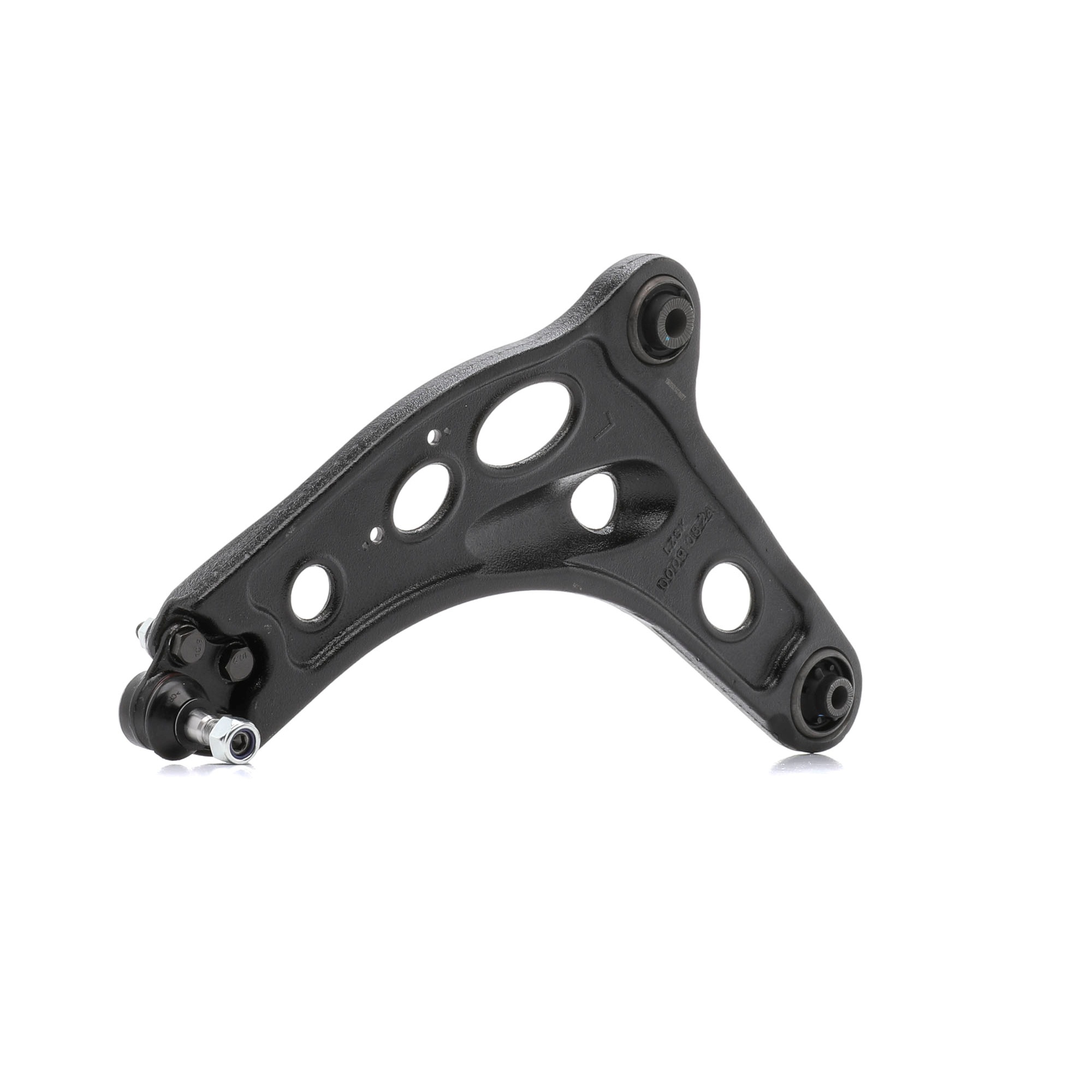 Side view of RIDEX 273C1169 Suspension arm Front Axle Left, Sheet Steel, Control Arm, with bearing(s), with lock nut
