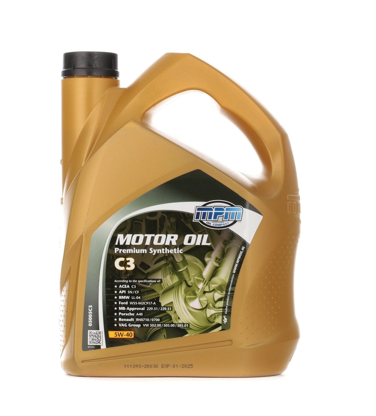 Side view of MPM 05005C3 Engine oil 5W-40, Capacity: 5l, Synthetic Oil