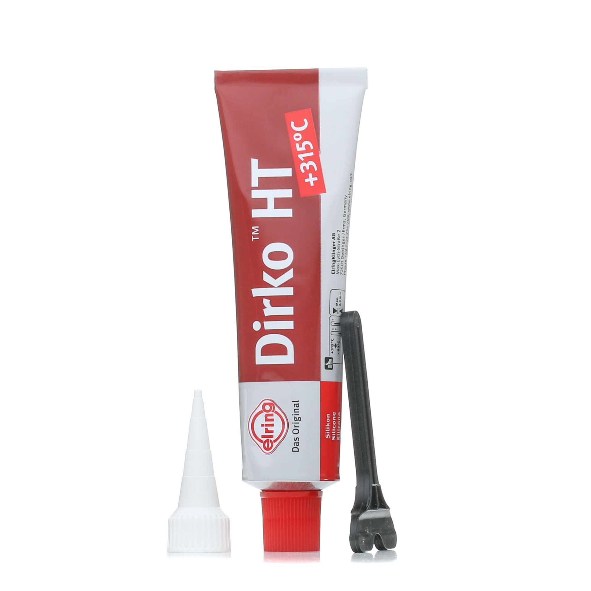Side view of ELRING 705.708 Sealing Substance Dirko HT UV resistant, Tube, Capacity: 70ml, Silicone, red