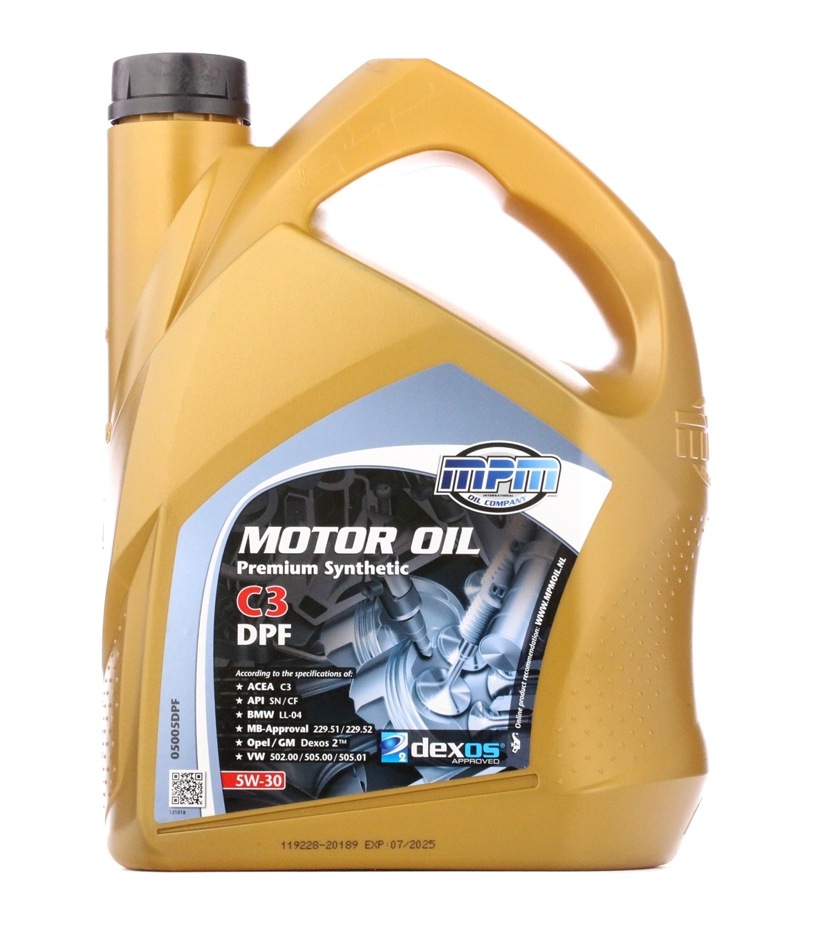 Side view of MPM 05005DPF Engine oil 5W-30, Capacity: 5l, Synthetic Oil