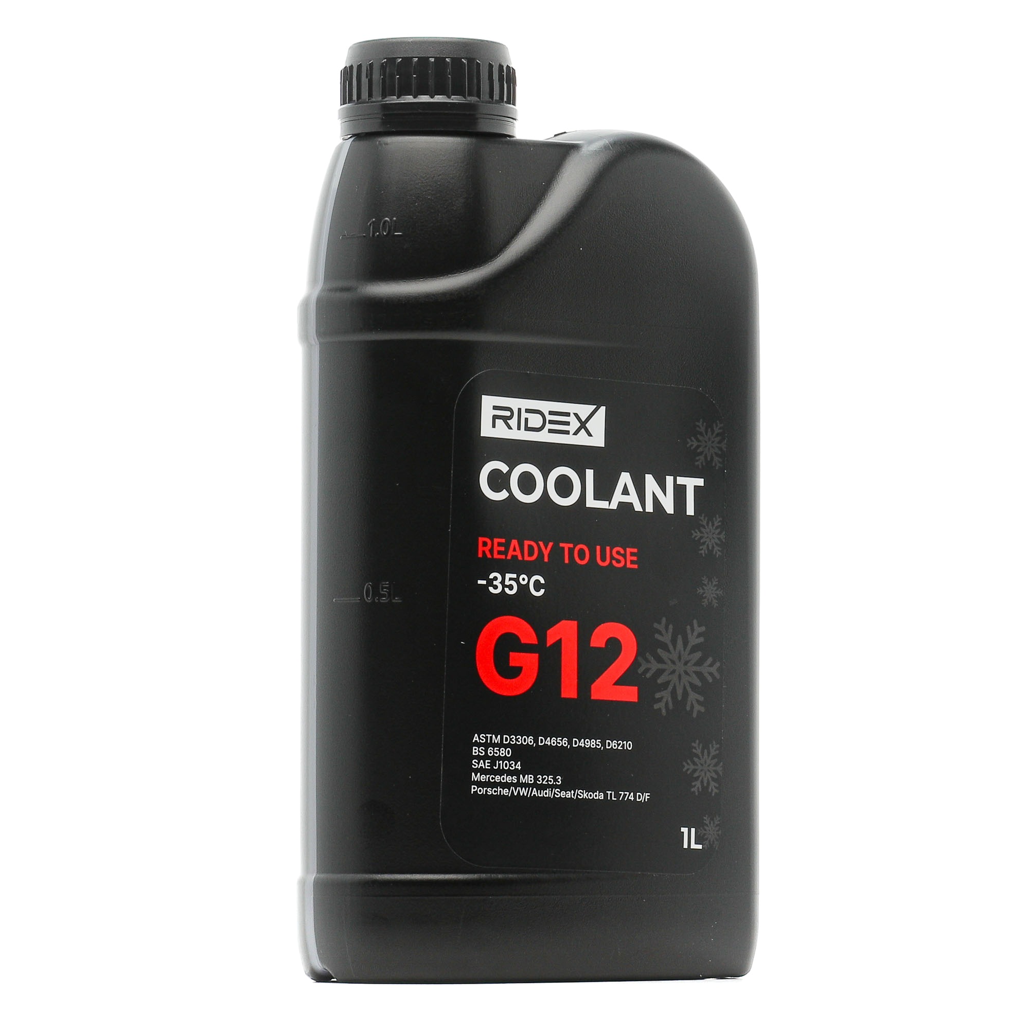 Side view of RIDEX 1602F0003 Antifreeze Volvo coolant VCS, Capacity: 1l, red