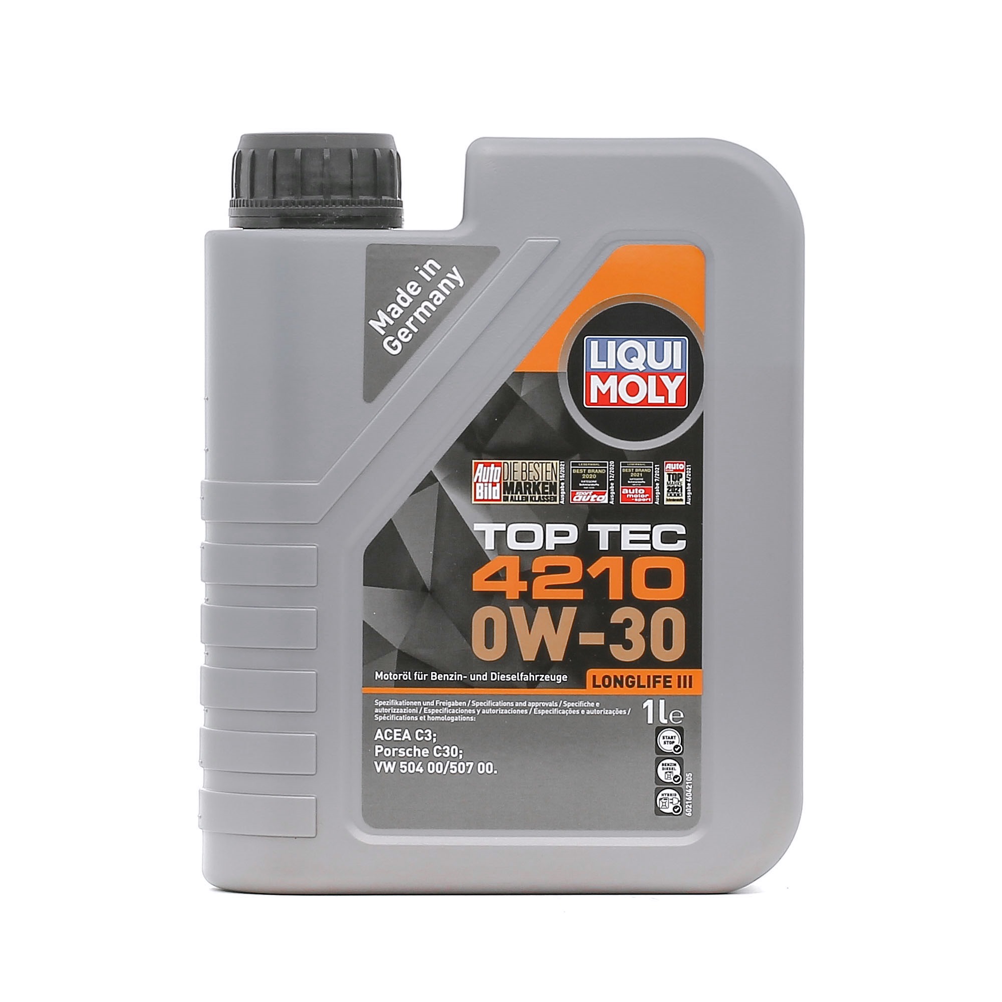 Side view of LIQUI MOLY 21604 Engine oil Top Tec 4210 0W-30 Capacity: 1l
