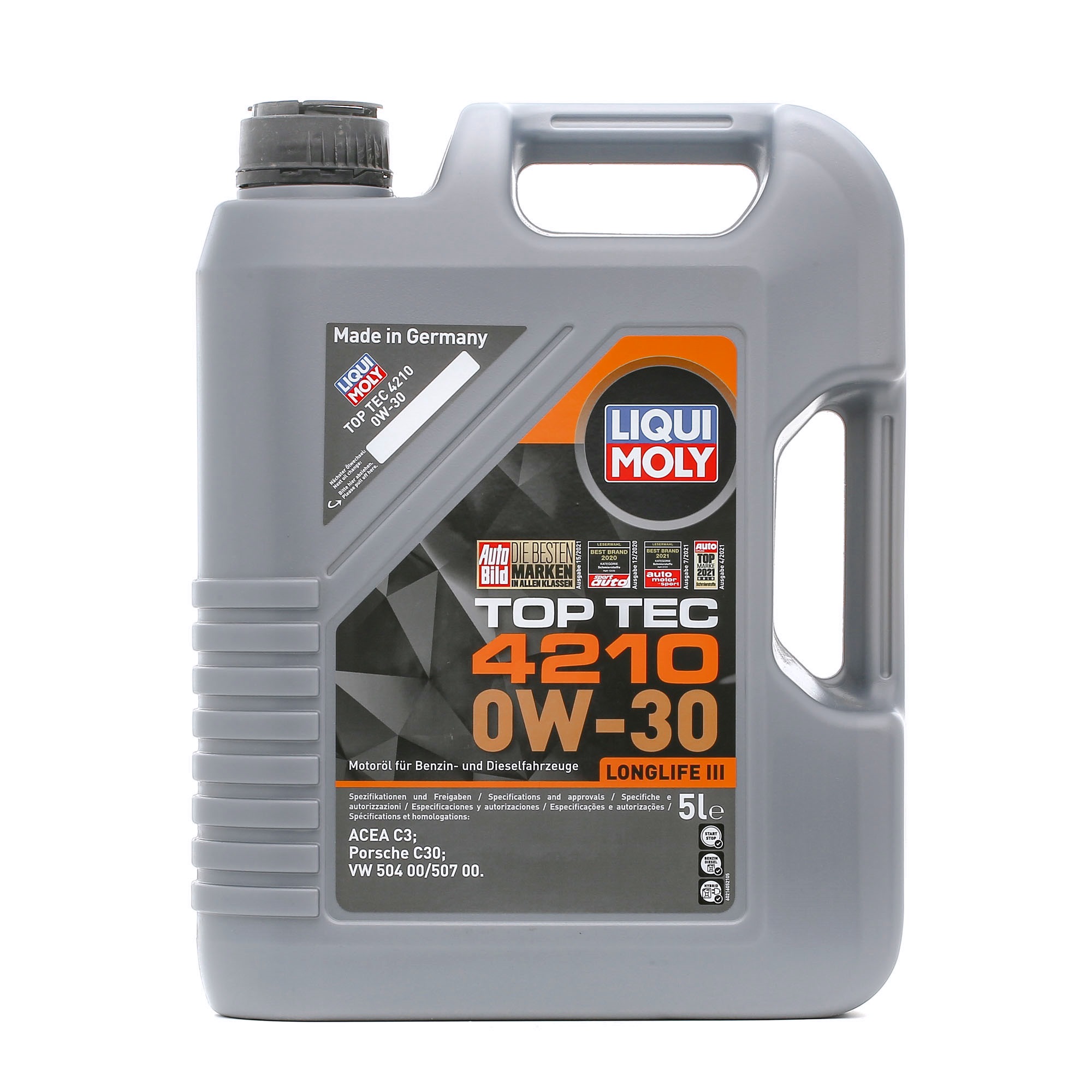 Side view of LIQUI MOLY 21605 Engine oil Top Tec 4210 0W-30 Capacity: 5l