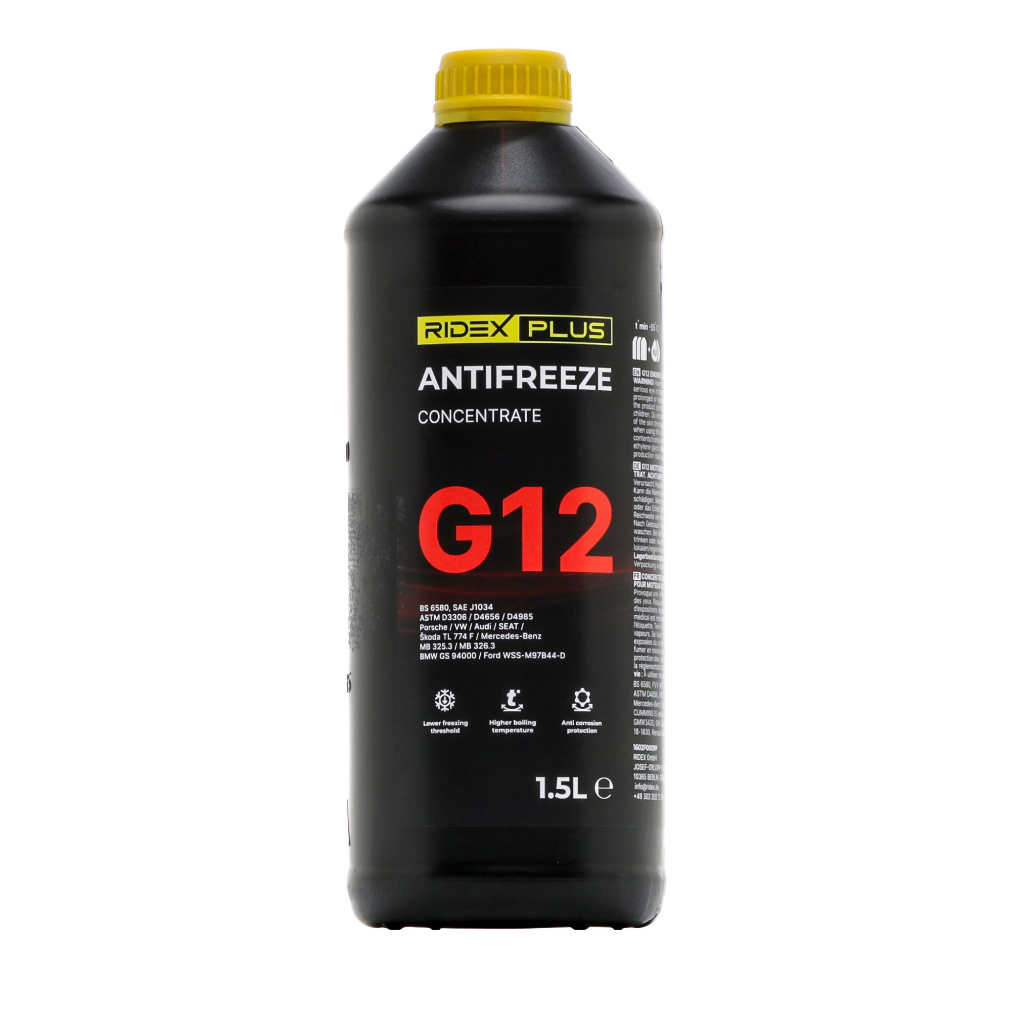 Side view of RIDEX PLUS 1602F0009P Antifreeze 41-01-001/ Type D, Capacity: 1,5l, red, -38(50/50)