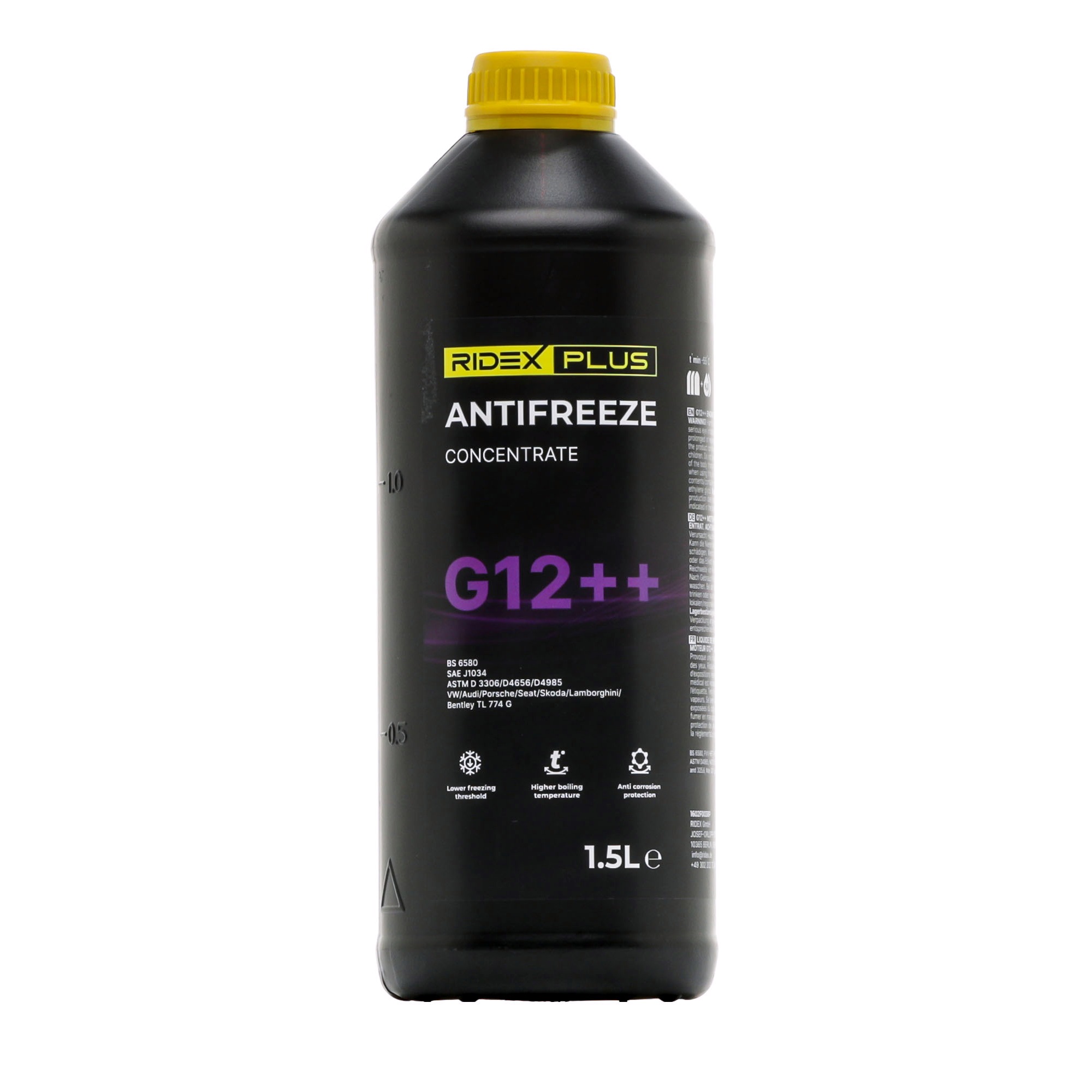 Side view of RIDEX PLUS 1602F0038P Antifreeze LH- 01-COL3A, violet, -38(50/50), Capacity: 1,5l
