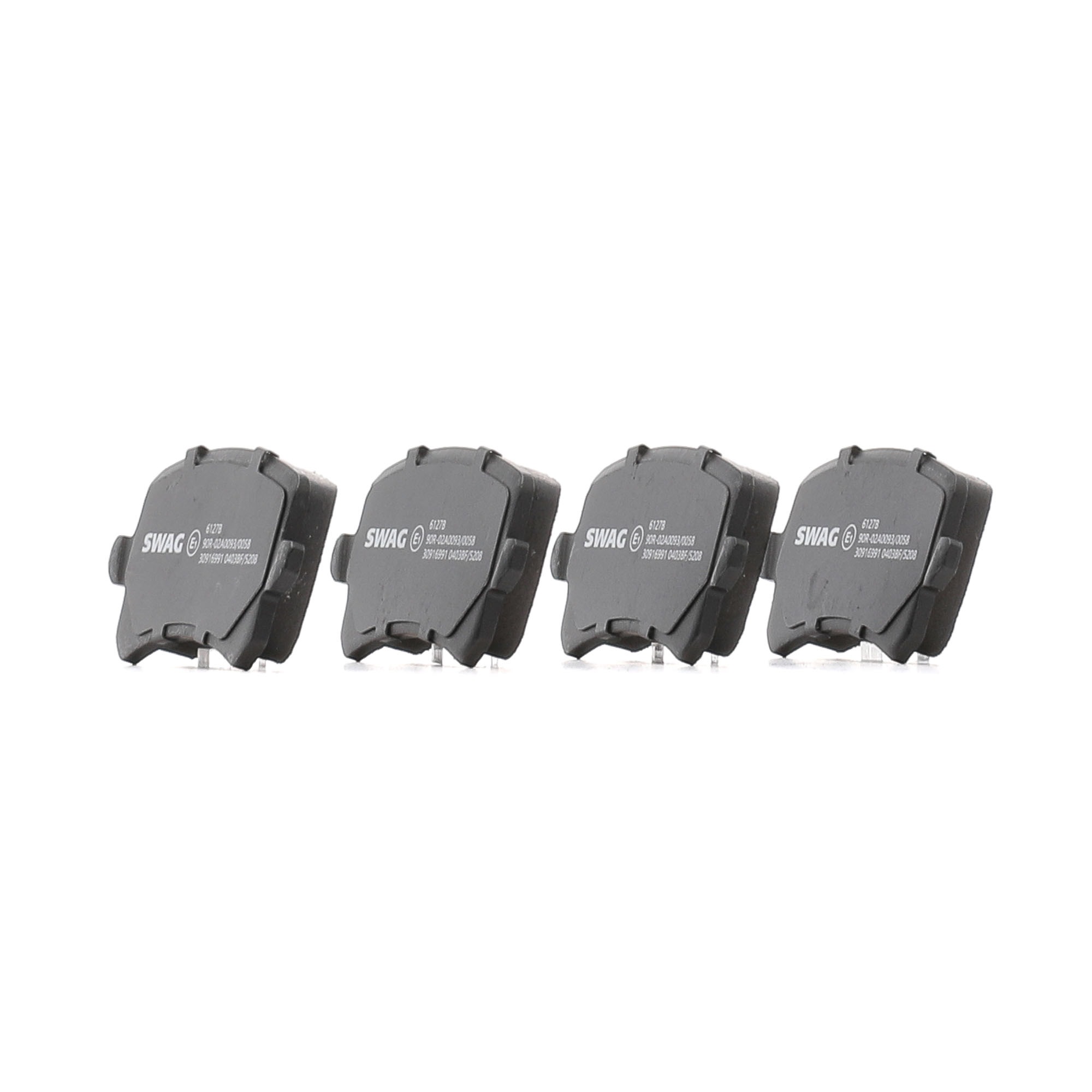 Side view of SWAG 30 91 6991 Brake pad set Rear Axle, with fastening material
