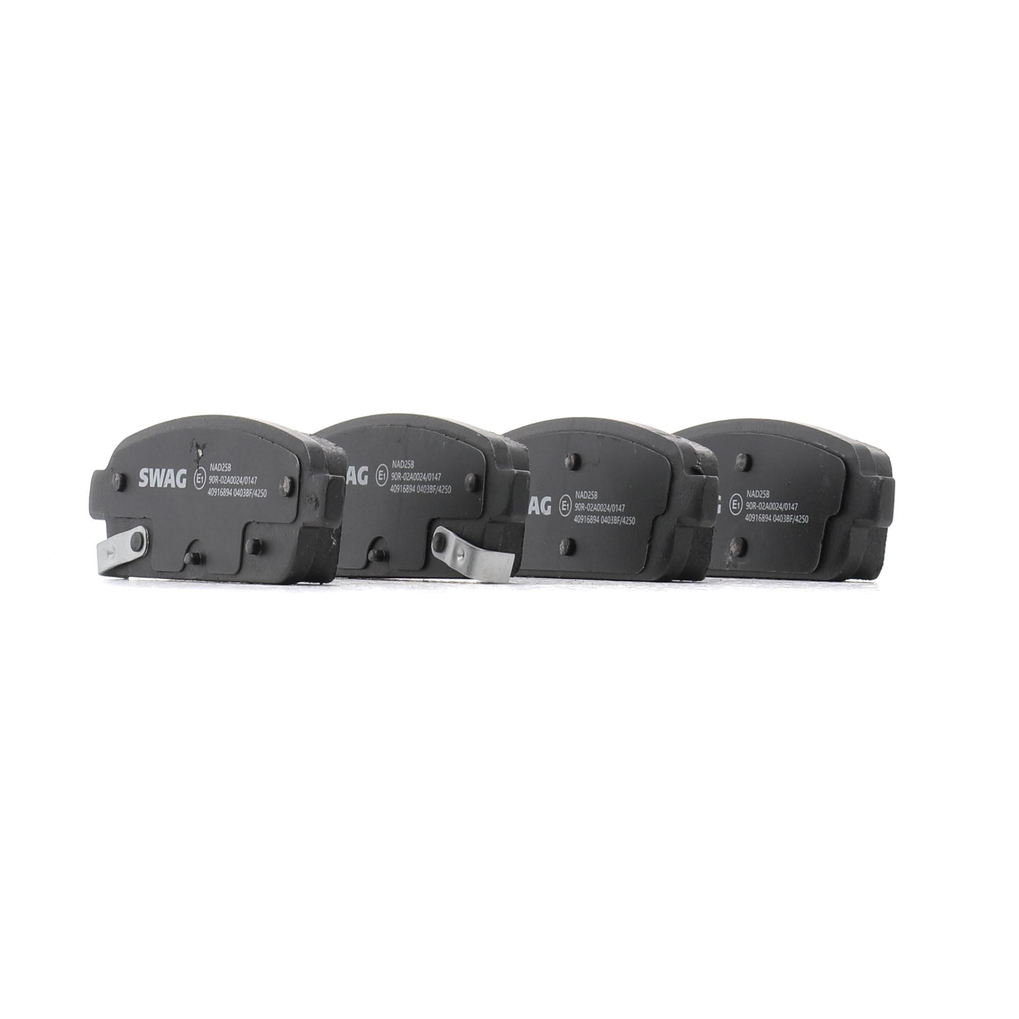 Side view of SWAG 40 91 6894 Brake pad set Rear Axle, with acoustic wear warning, with fastening material